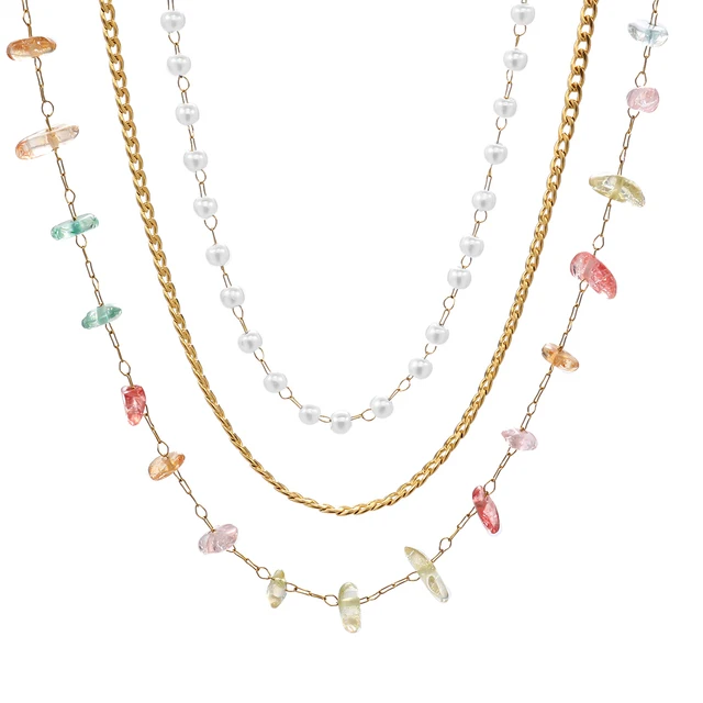Gina 3 layered necklace - zirconia and pearls - 18kt PVD plating