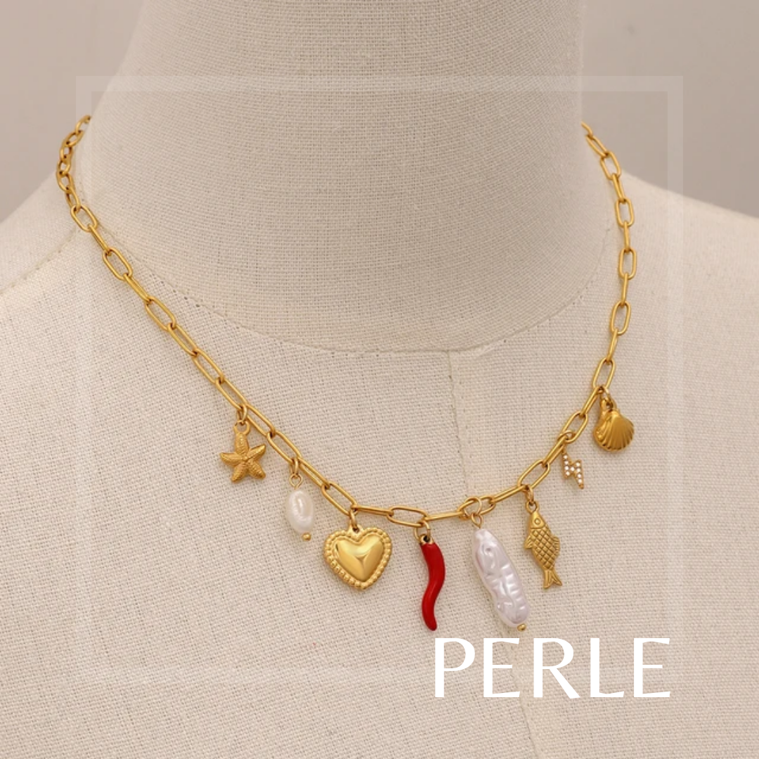 Charm Necklace - 18k PVD Gold plated, Fresh water pearls
