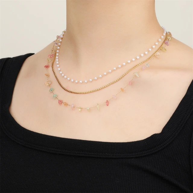 Gina 3 layered necklace - zirconia and pearls - 18kt PVD plating