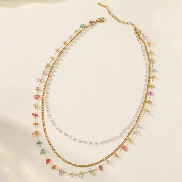 Gina 3 layered necklace - zirconia and pearls - 18kt PVD plating