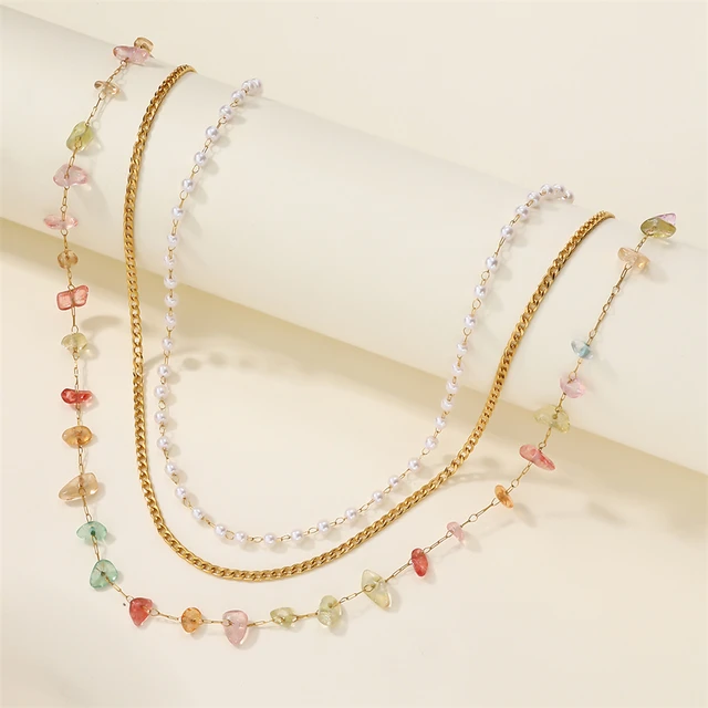 Gina 3 layered necklace - zirconia and pearls - 18kt PVD plating