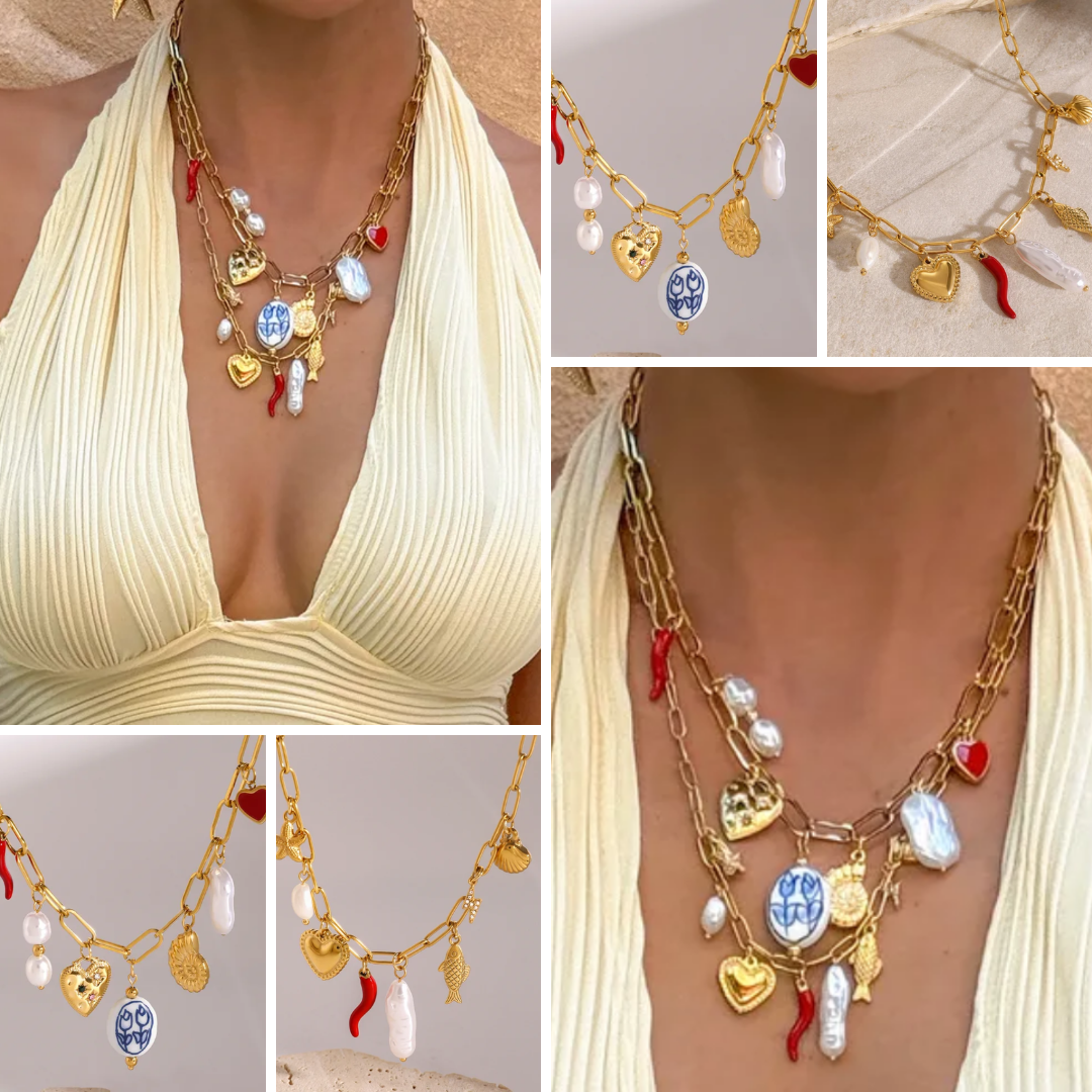 Charm Necklace - 18k PVD Gold plated, Fresh water pearls