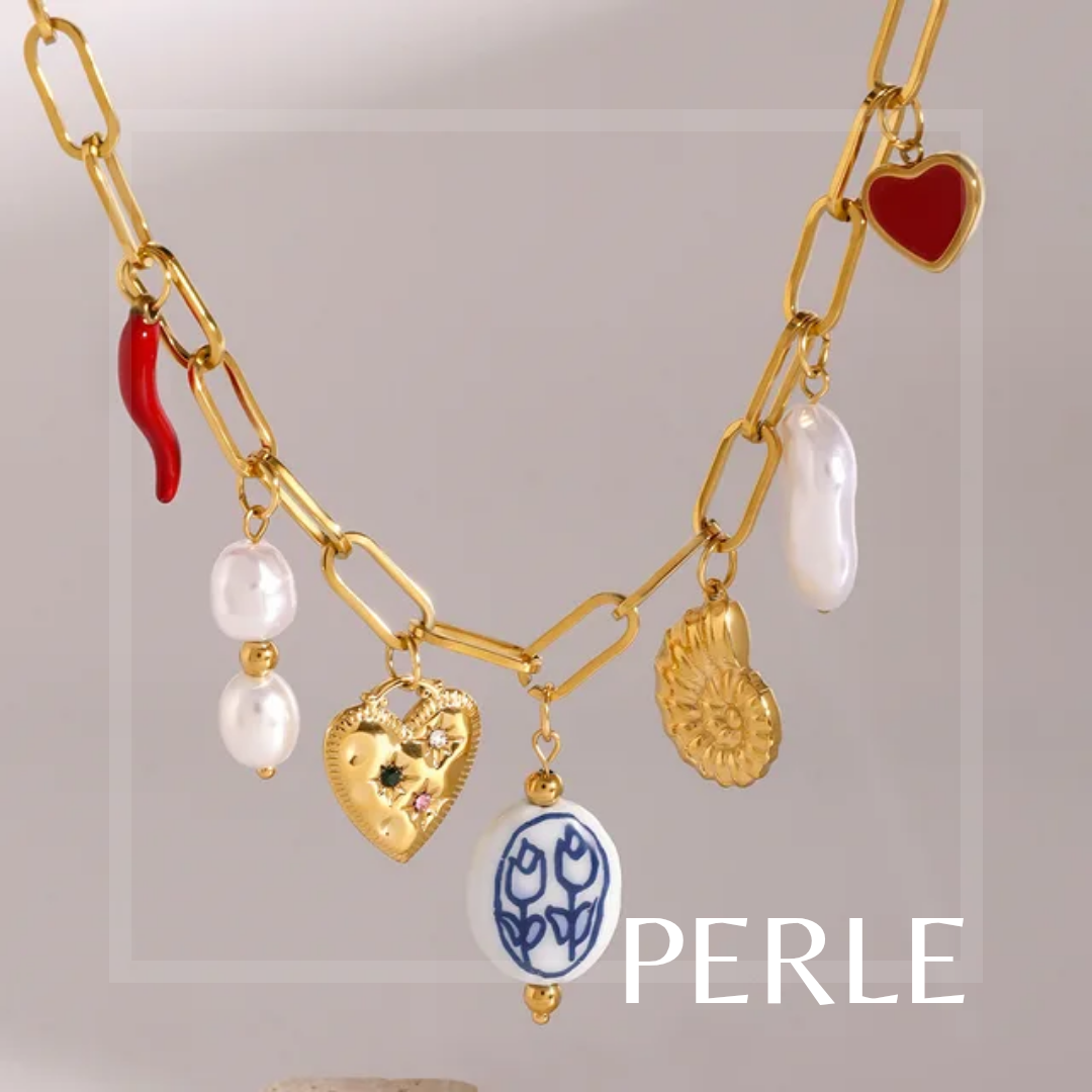 Charm Necklace - 18k PVD Gold plated, Fresh water pearls