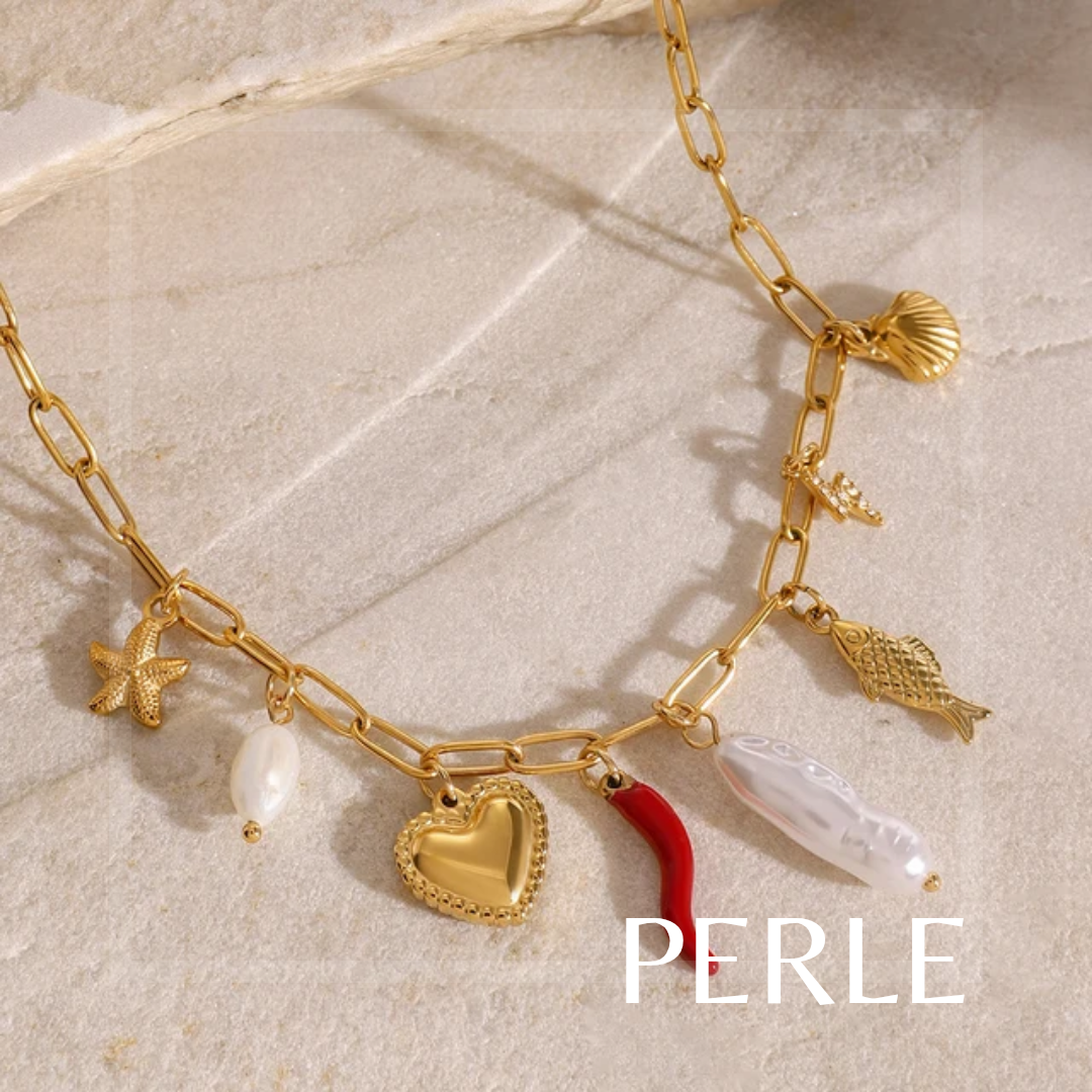 Charm Necklace - 18k PVD Gold plated, Fresh water pearls