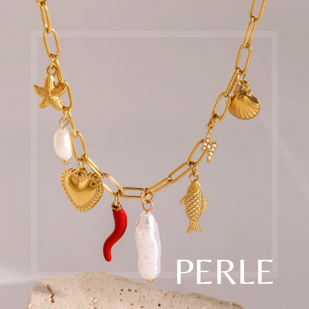 Charm Necklace - 18k PVD Gold plated, Fresh water pearls