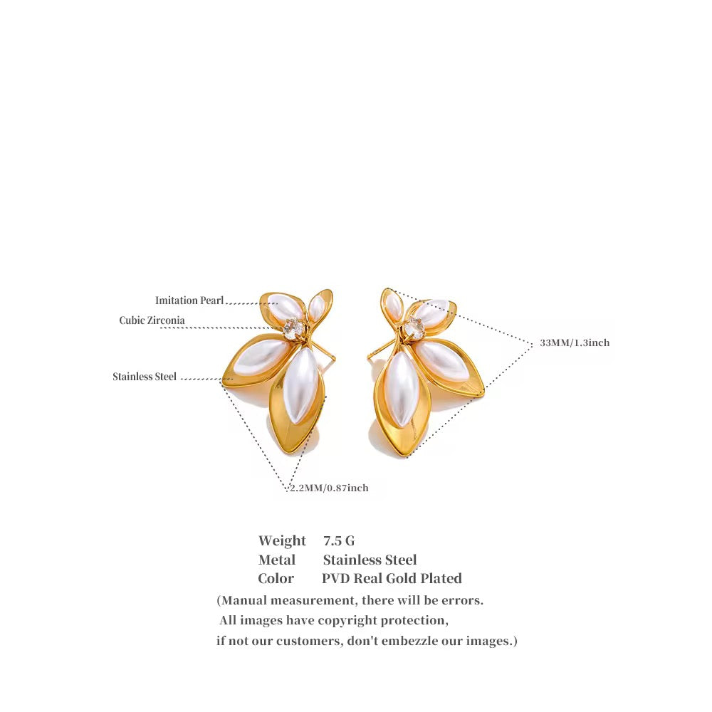 Half flower stud earrings : 18k gold PVD plated